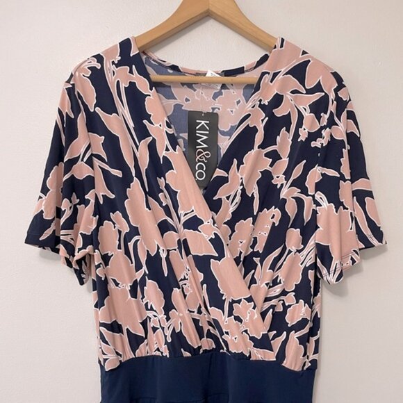 New Kim & Co. Navy Blue Pink Cropped Stretch Gaucho Jumpsuit Size XL bin 1K - Picture 3 of 5